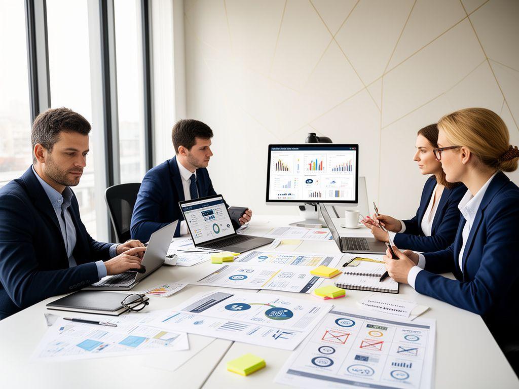 Team di PMI italiana che pianifica una strategia aziendale attorno a grafici e KPI