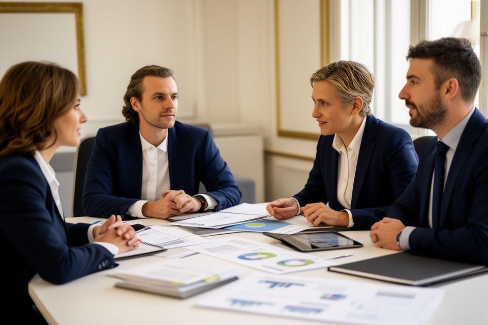 Consulenti che definiscono una strategia di consulenza per una PMI in sala riunioni