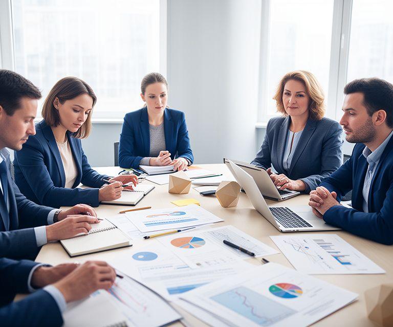 Team manageriale che analizza dati finanziari e operativi con grafici su un tavolo di lavoro